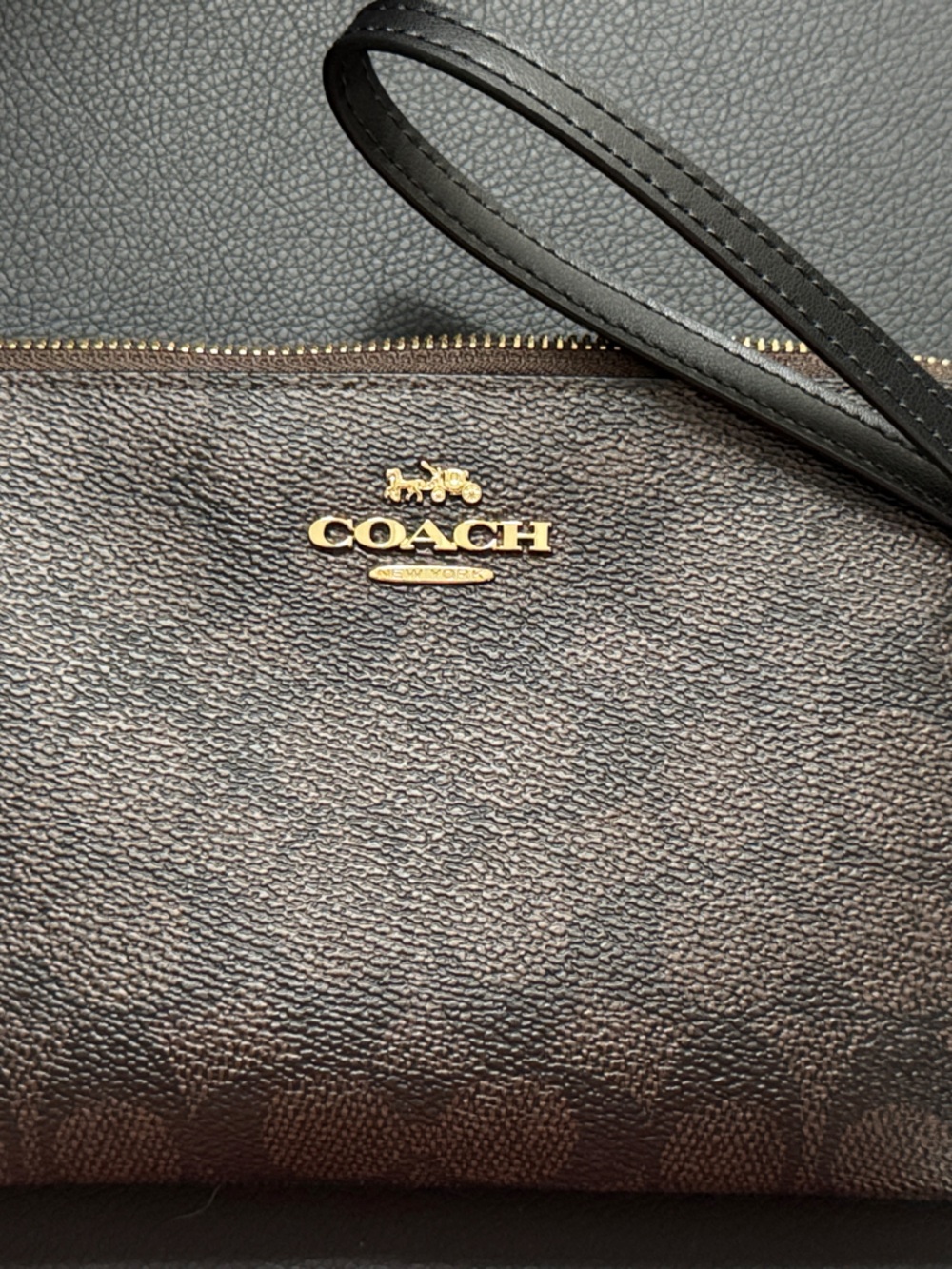 Coach Brown Signature Wristlet with Black Strap and Gold Hardware